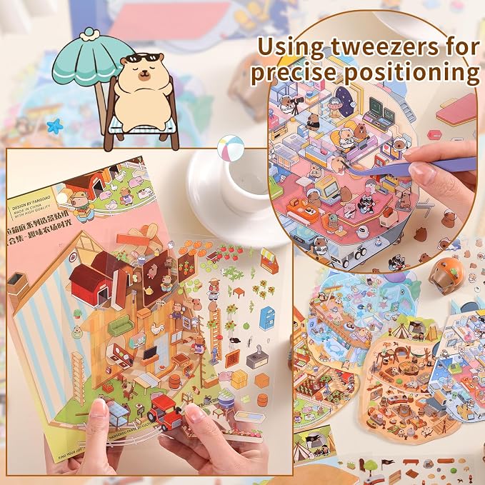 Girls 3D Miniature Scene Stickers, 4 Sets World Adventure DIY House Stickers for Space, Caves, Farms, Underwater World, Cute 3D Cartoon Sticker Scenes for Adult Kids Relief Stress Pass The Time