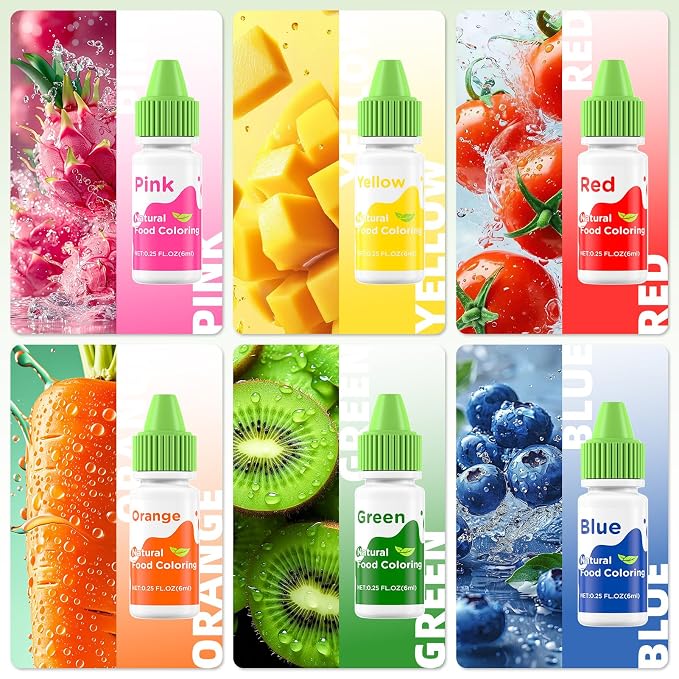 Natural Food Coloring Liquid Set - 6 Vibrant Color Food Grade