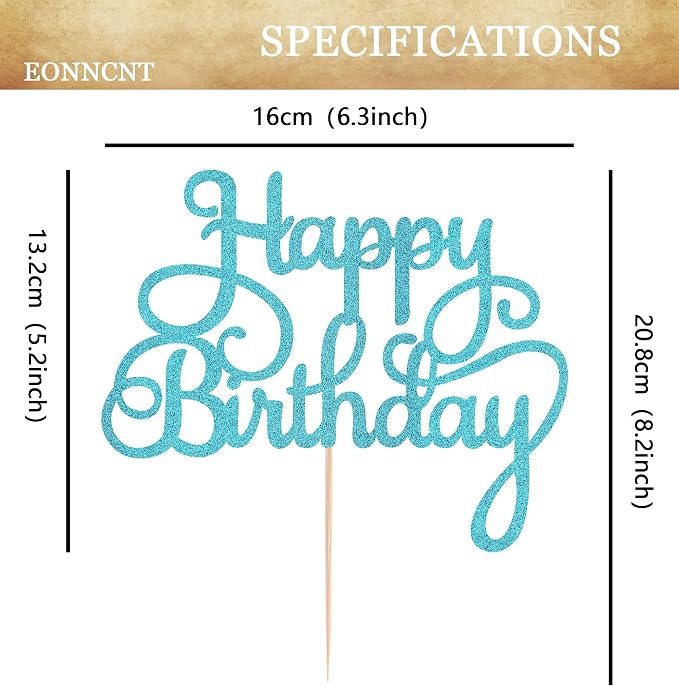 Happy Birthday Cake Topper - Sky Blue Glitter Birthday Party Cake Decoration Supplies, Photo Booth Props