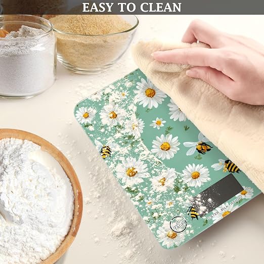 Food Scale Kitchen Scale for Baking Cooking Digital Food Weighing Measuring Scale Small Waterproof Electric Food Scale Mint Green Daisy Flowers and Bees