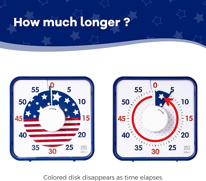 TWENTY5 SEVEN Countdown Timer 7.5 inch; Patriotic 60 Minute 1 Hour Visual Timer, Classroom Teaching Tool Office Meeting, Mechanical Magnetic Countdown Clock for Kids Exam Time Management, Blue