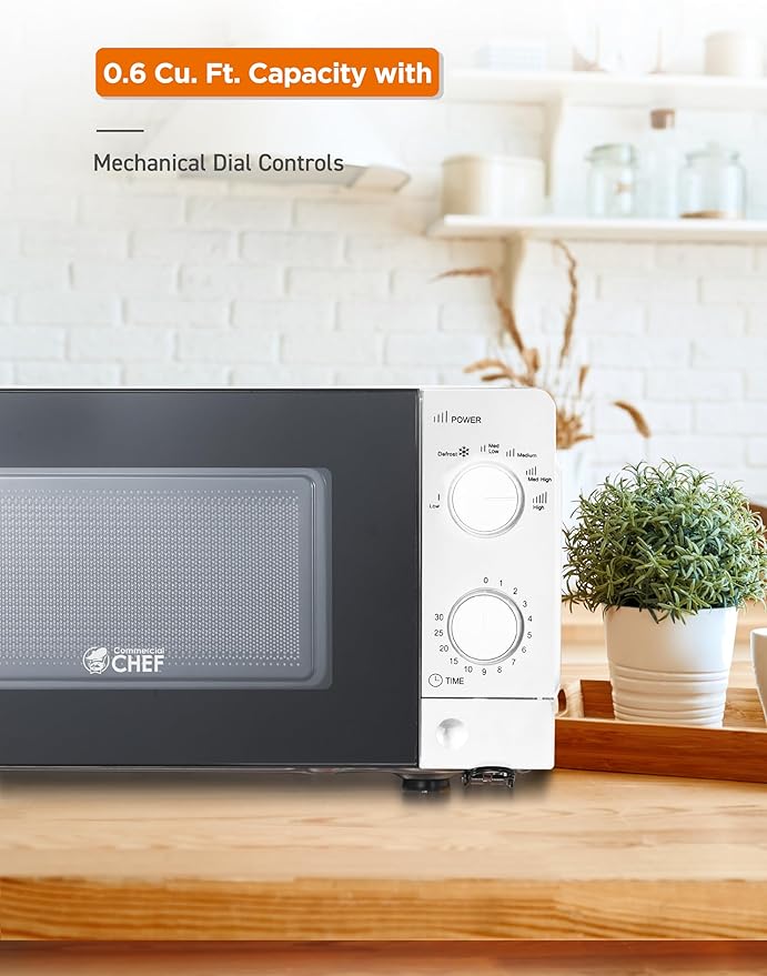 Commercial Chef 0.6 Cu. Ft. Countertop Microwave Oven, Mechanical Dial Controls, 700W, Pull Handle Door, 6 Power Levels, CHM660W, White