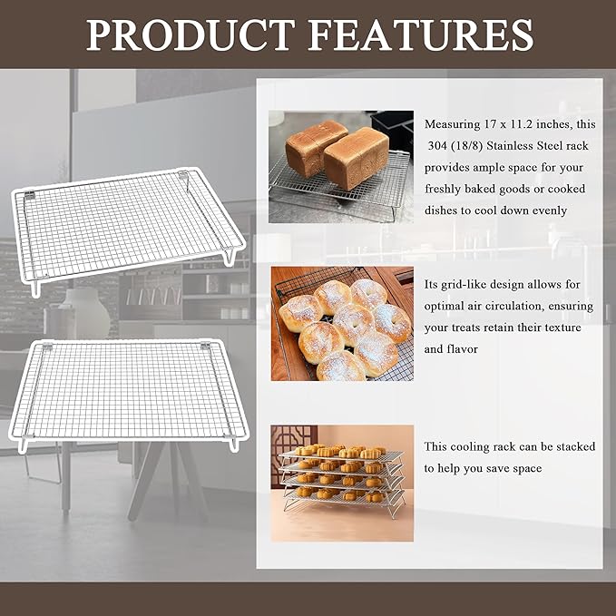 Set of 2 Cooling Racks with Folding Legs，for Cooking, Roasting, Drying, Rust-Resistant 304 (18/8) Stainless Steel Cooling Grilling for Baking, Heavy Duty Tight-Wire, 17 x 11.2 inches