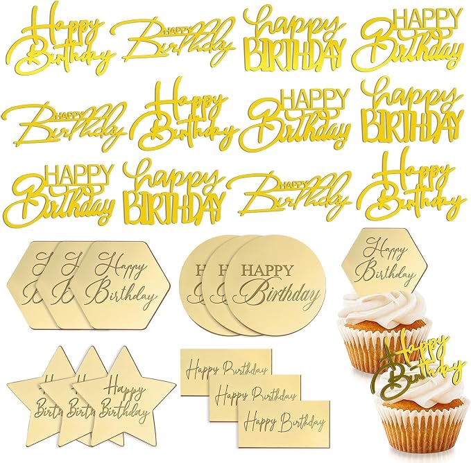 24 PCS Gold Acrylic Cupcake Toppers 8 Styles Happy Birthday Cake Topper Engraved Cake Picks for DIY Party Decoration