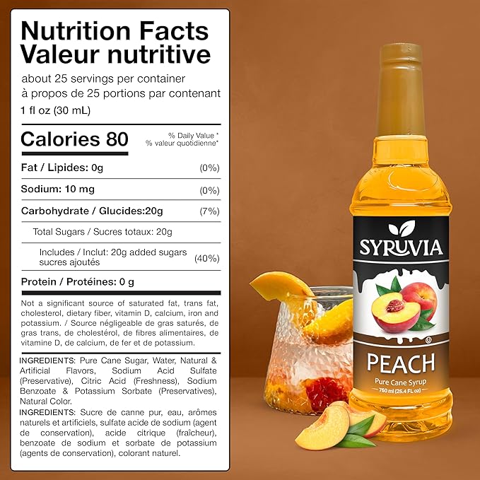 Syruvia Peach Syrup, Flavored Syrup for Cocktails, Fruit Drinks, Lemonades, and Desserts – 25.4 fl oz - with Pump