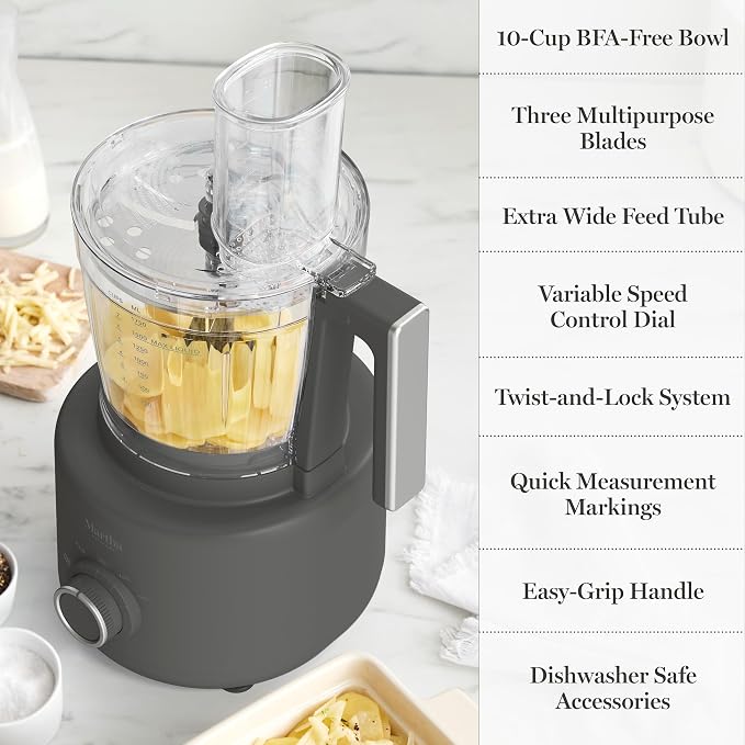 Martha Stewart Food Processor, 10-Cup Electric Chopper for Slicing, Shredding, Mincing and Puree, BPA-Free Twist & Lock Bowl, 3 Multipurpose Blades, Variable Speed Dial, Wide Feed Chute, Caviar Gray