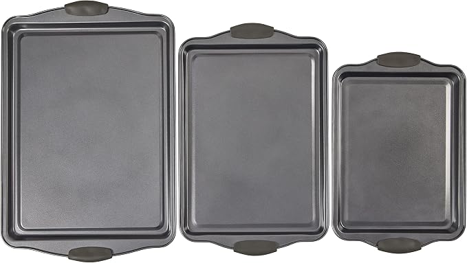 Non-Stick Baking Sheet Set 3 Pcs for Cookies & More, Heavy-Duty Aluminum Baking Sheets with Gray Silicone Handles