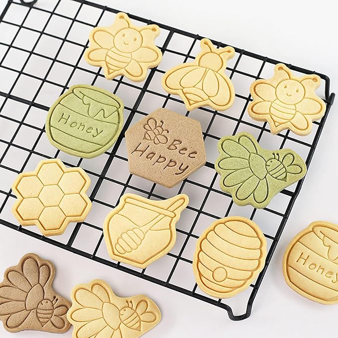 Bee Cookie Cutters with Cookie Stamps 8 Pcs Honeycomb Fondant Cheese Baking Molds for Honey Bees Party Decoration (Honeycomb)