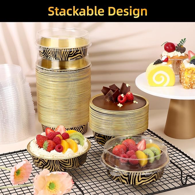 Beasea Disposable Ramekins with Lids, 120 Pack 7.3oz Mini Pie Tins Small Aluminum Foil Pie Tart Cake Baking Pans Individual Round Creme Brulee Containers for Party - Tiger Stripes