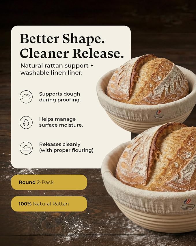 Banneton Bread Proofing Basket with Liners - Natural Rattan Dough Riser, Sourdough Bread Basket, Artisan Bread Loaves, Homemade Bread Making - 2 Pack 9 " Round Basket