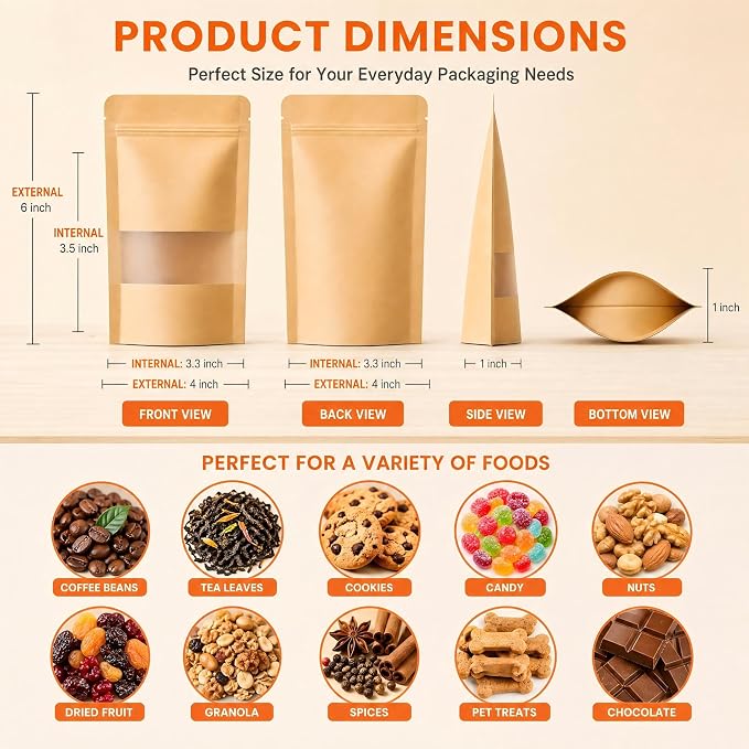 100 Pcs Kraft Paper Bags with Window, 4" x 6" Stand Up Pouches Bags, Food Storage Bags for Packaging Products, Reusable, Sealable