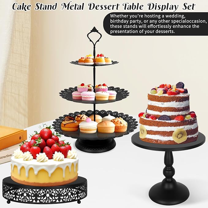 Fivenl 8 Pcs Cake Stand Black Metal Dessert Table Display Set, 3-Tier Cupcake Stand, Cake Display Tower and Cookie Tray Rack Serving Tray for Birthday Party, Weddings, Baby Shower (Black)