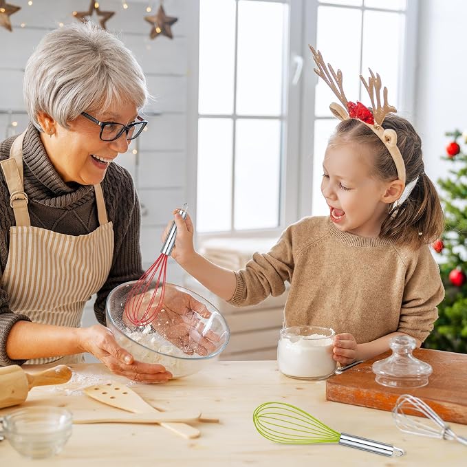 FoldTier 12 Pcs Christmas Whisks Gifts Set 10 Inch Silicone Balloon Whisks with Stainless Steel Handle for Holiday Baking, Xmas Kitchen Cooking Tools, Christmas Wisks Ornaments for Party Favors