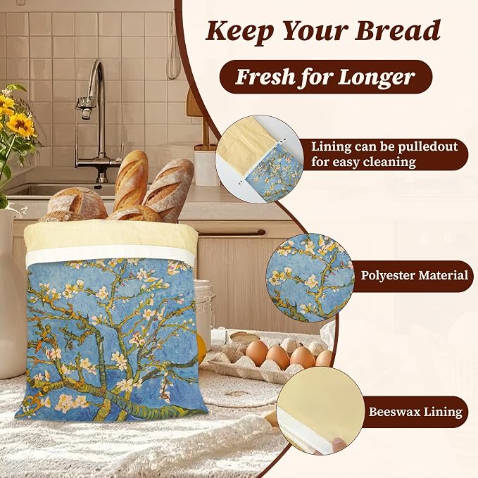 Beeswax Bread Bags, 2 Pack for Homemade Bread and Sourdough Storage | Blossoming Almond Tree Van Gogh, Reusable Polyester Bread Storage With Beeswax Coating And Snap Closures