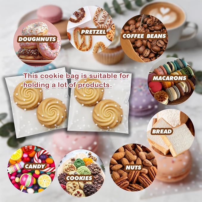 200Pcs White Polka Dot Cookie Bags, Self Sealing Cellophane Bags | for Homemade Cookies, Clear Treat Bags with Self Adhesive Seal for Baking, Party Favors and Gift Giving (4x4 Inches)