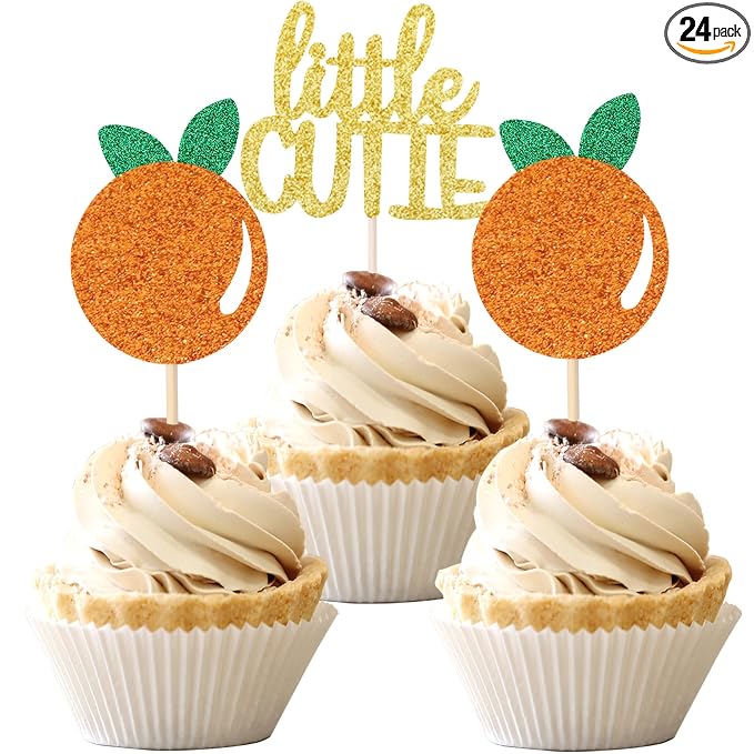 24 PCS Little Cutie Cupcake Toppers Glitter Orange Cupcake Picks for Citrus Theme Baby Shower Kids Birthday Party Cake Decorations Supplies