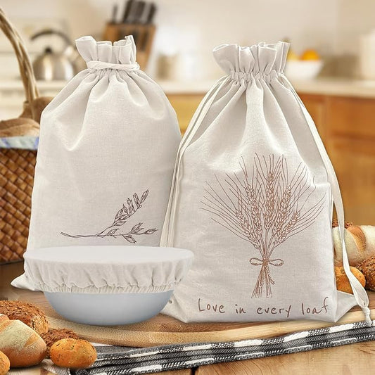 ‌2 Pack Reusable Linen Bread Bags for Homemade Sourdough - Eco-Friendly Storage with Proofing Bowl Cover | Baking Accessories & Sustainable Kitchen Essentials, Cream white