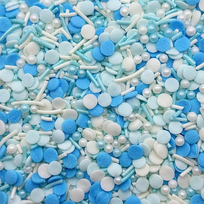 CandiJumpin Light Blue and White Pearl Sprinkles, Edible Pearls and Jimmies Mix Baby Blue and White Sprinkles Crunchy Jimmies Edible Pearls for Cake Decorating Pearl Decoration for Baking Baby Shower Party Birthday Wedding Christmas Supplies 3 OZ