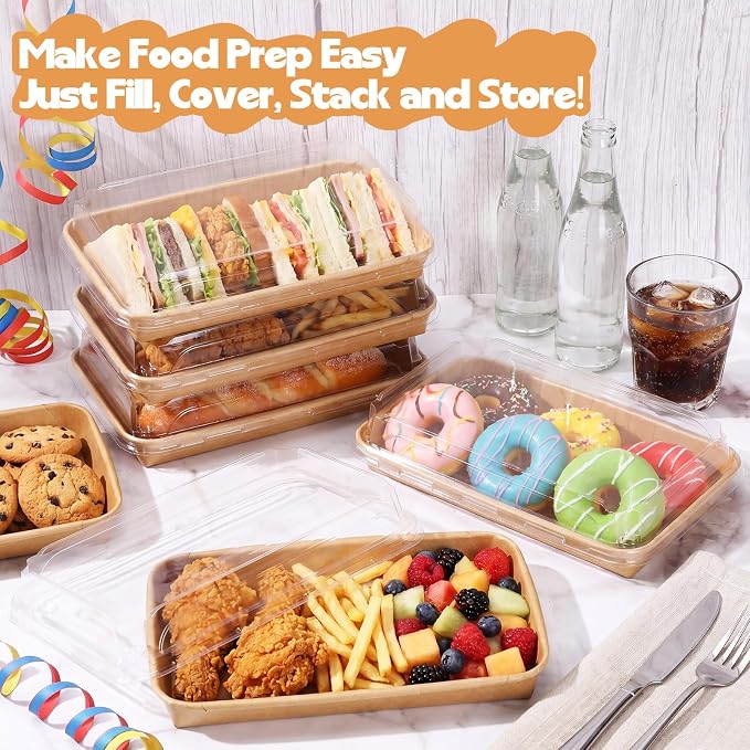 30 Pack Catering Trays with Clear Lids 8.9" x 5.7" Serving Trays Kraft Paper Charcuterie Boxes Party Platters Take out Food Containers for Snacks Fruit Cookies Dessert Sandwiches