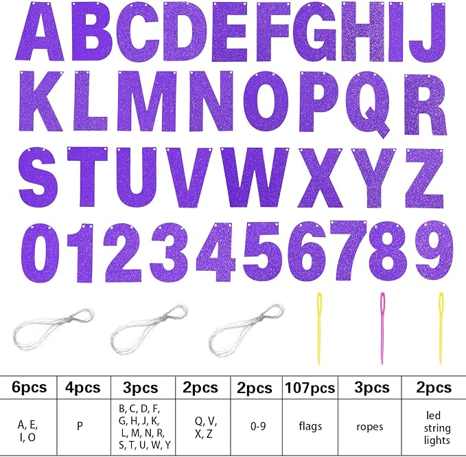 TaoBary 112 Pcs DIY Letter Kit Glitter Customizable Banner Letters Include 107 Letters and Numbers 3 Rope and 2 Needles for Birthday Halloween Christmas Wedding Valentine Party Decor(Purple)