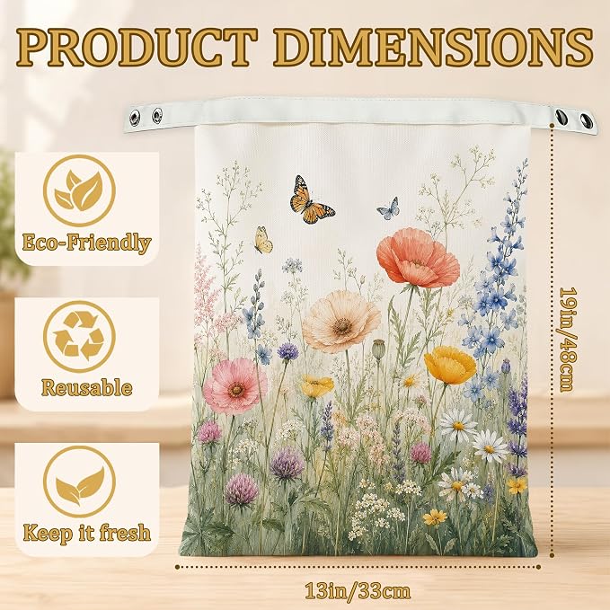 2 Pack Beeswax Wildflower Meadow Bread Bags for Sourdough, Reusable Linen Butterfly Garden Bread Bag 17x13'' Food Storage Cloth Bag Freezer-Friendly & Freshness Preservation