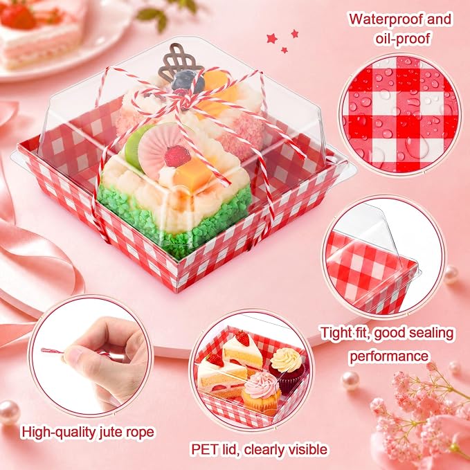 Jetec 150 Pack Charcuterie Boxes with Clear Lids and Rope 4 Inches Cake Disposable Square Dessert Food Box Containers with Lids for Bakery Macaron Cookies Strawberries Fruits Display (Red White)