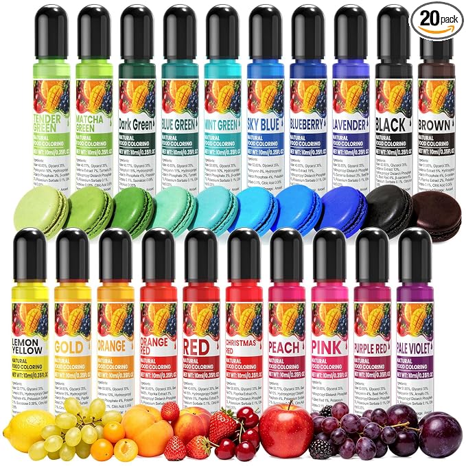 Natural Food Coloring - 20 Colors Artificial Dye Free Food Coloring | Pastel Plant Based Food Dye, Edible Paint for Cake Decorating, Buttercream Frosting, Cookie, Baking - 0.35 fl oz