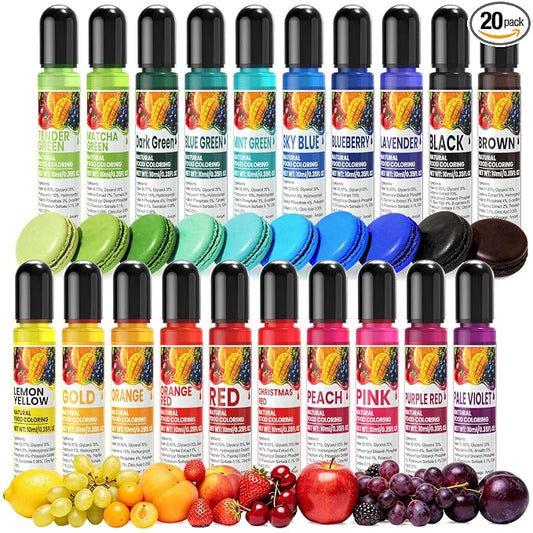 Natural Food Coloring - 20 Colors Artificial Dye Free Food Coloring | Pastel Plant Based Food Dye, Edible Paint for Cake Decorating, Buttercream Frosting, Cookie, Baking - 0.35 fl oz