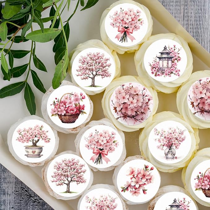 36PCS Edible Cherry Blossoms Cupcake Toppers Japan Edible Cherry Flowers Bouquet Cake Picks Wafer Paper Cherry Cupcake Decors for Cherry Theme Party Cake Supplies (Pink Cherry Blossoms)