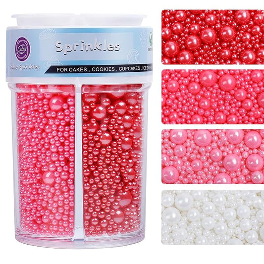Valentines Sprinkles for Cake Decorating, 7.8oz Pearl Sprinkles 4 Colors Mix Sweet Pink Red White Pearls for Cake Cupcake Cookie Baking Donuts Ice Cream Toppings