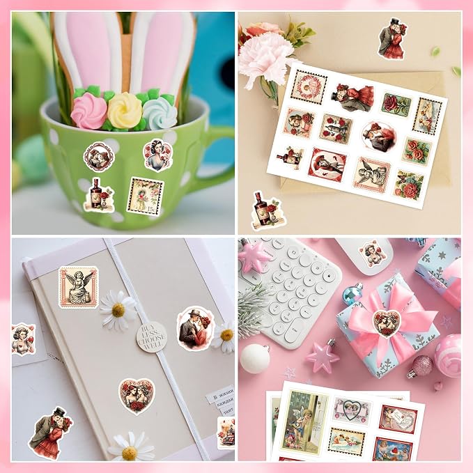 FaCraft 50PCS Vintage Stickers - Waterproof Love Stickers for Scrapbooking Aesthetic Sticker for Adults Teens Girls Couples Romantic Valentines Sticker DIY Laptop Water Bottles Envelopes Cards Guitar
