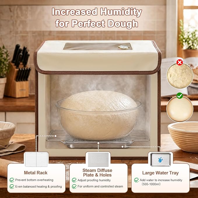 Folding Dough Proofer Box with Humidification Function, Sourdough Proofer Box Temp Control 48H Timer & Humidity Monitor, Water Tray & Steam Diffuse Plate 4 Preset Modes Dough Proofer for Sourdough