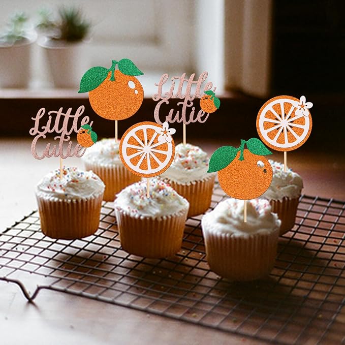 30 PCS Little Cutie Cupcake Toppers Glitter Fruit Theme Orange Cupcake Picks Citrus Cupcake Decoration for Baby Shower Kids Boys Girls Birthday Party Cake Decorations Supplies Rose Gold