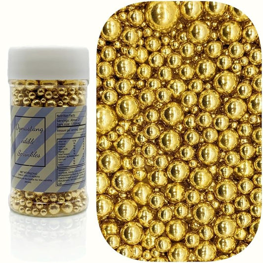 Dynastang Mixed Size Super Gold Pearls Sprinkles Edible Pearls Cake Decorating Pearls Cake Decorations Cupcake Toppers Cookie Decorating Perfect for Cakes, Cupcakes, Desserts Toppings 3OZ