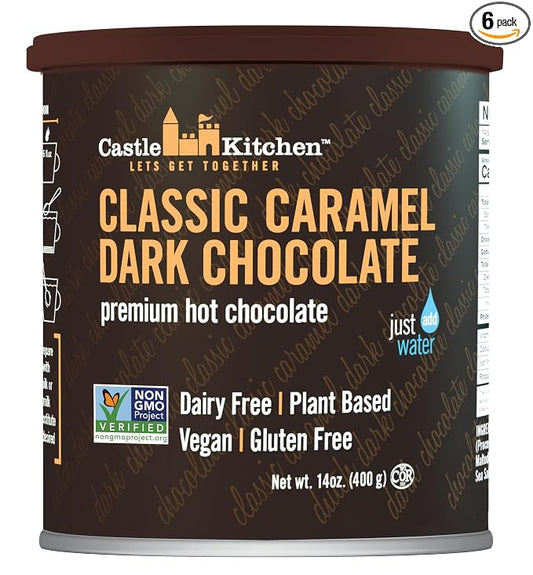 Castle Kitchen Classic Caramel Dark Chocolate Premium Hot Cocoa Mix - Dairy-Free, Vegan, Plant Based, Gluten-Free, Non-GMO Project Verified, Kosher - Just Add Water - 14 oz (Pack of 6)