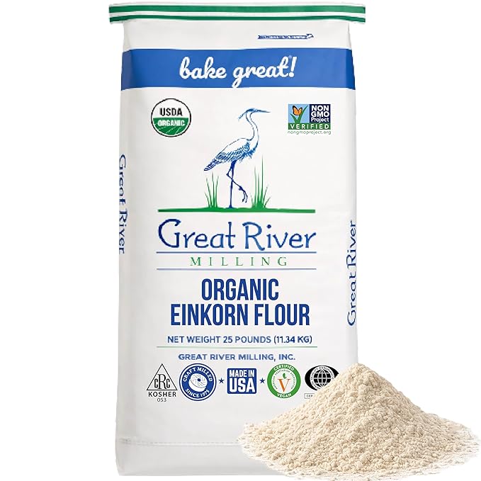 Great River Organic Milling Organic Einkorn Flour | Ancient Whole Wheat Flour | Non-GMO, Kosher, High-Protein | Nutrient-Rich, Healthier All-Purpose Flour Alternative for Baking | 25 Lb (Pack of 1)