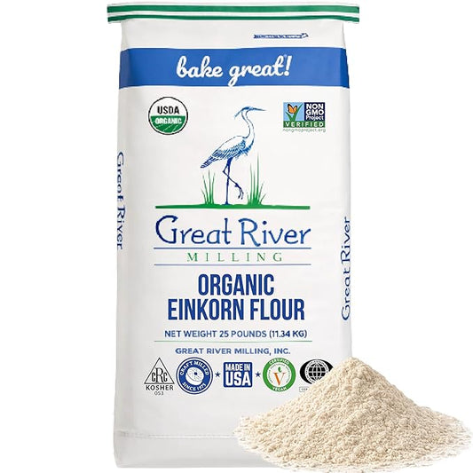 Great River Organic Milling Organic Einkorn Flour | Ancient Whole Wheat Flour | Non-GMO, Kosher, High-Protein | Nutrient-Rich, Healthier All-Purpose Flour Alternative for Baking | 25 Lb (Pack of 1)