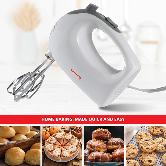 AIWA 5-Speed Hand Mixer with Eject Button, Electric Handheld Mixer for Cream, Batter, Eggs & Baking, Stainless Steel Beaters, Dishwasher-Safe, Lightweight Compact Design, White