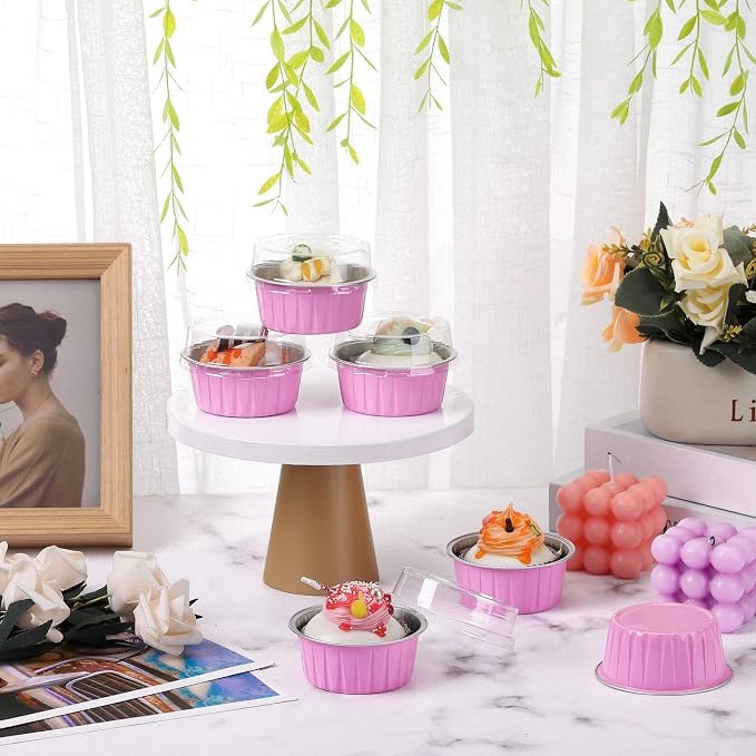 200 Pack Aluminum Foil Cupcake Liners with Lids, 5 oz Round Baking Cup, Disposable Ramekin Container for Graduation Wedding Independence Day Party(Pink,Plain)