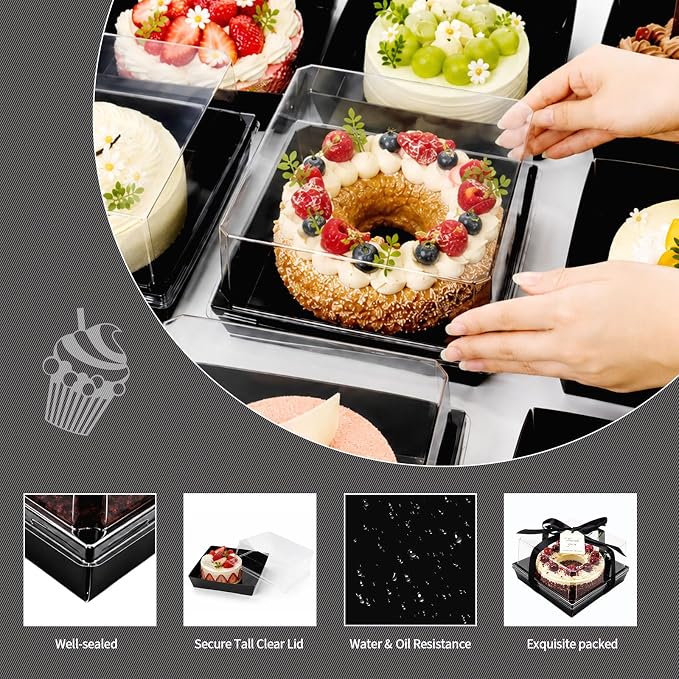7 x 7 x 4 Inches Paper Cake Boxes with Clear Lids, 50 Pack Black Large Charcuterie Square Food Containers, Halloween Day Disposable Bakery Boxes for 4-6 Inch Bundt Cake, Pie, Dessert