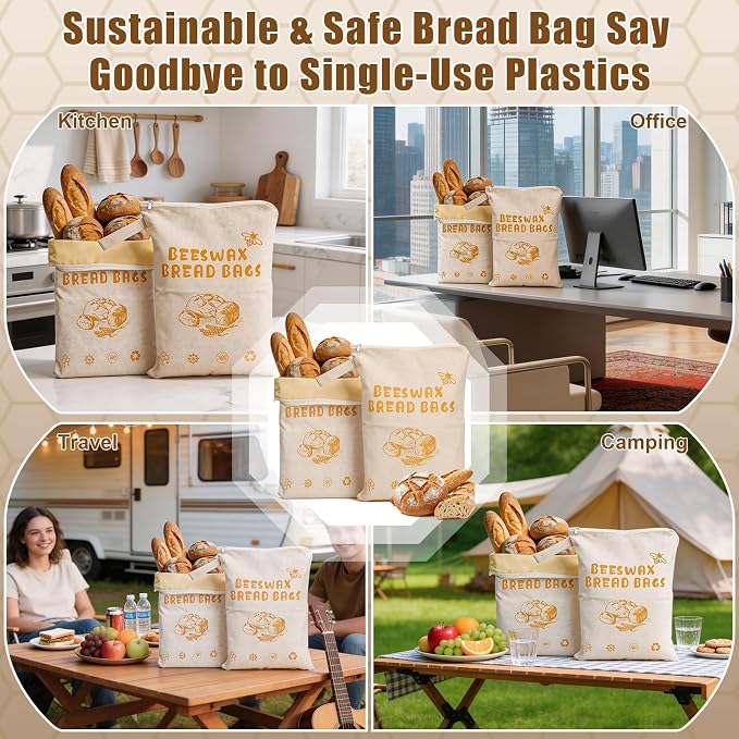 2 Pack Beeswax Bread Bags for Sourdough, Reusable Bread Bag with Wide Zipper, 16×12 Inch Large Capacity Cotton Bread Storage Bags for Homemade Bread Freezer-Friendly & Freshness Preservation