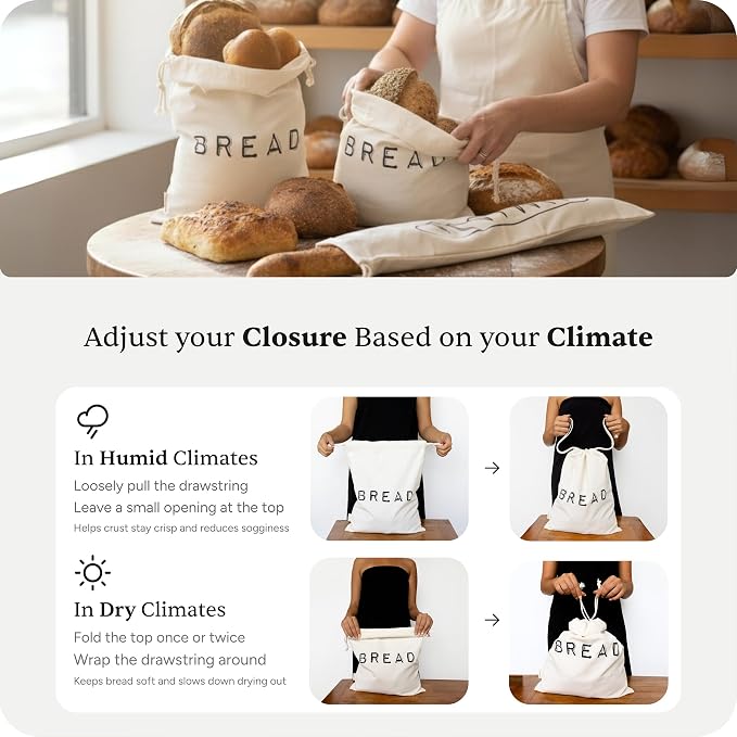 Leafico Reusable Bread Bags – 2 Cotton Storage Bags + 1 Baguette Bag with Food Safe TPU Liner – For Homemade Bread, Sourdough, Artisan Loaves – Freezer Safe & Washable Plastic Alternative