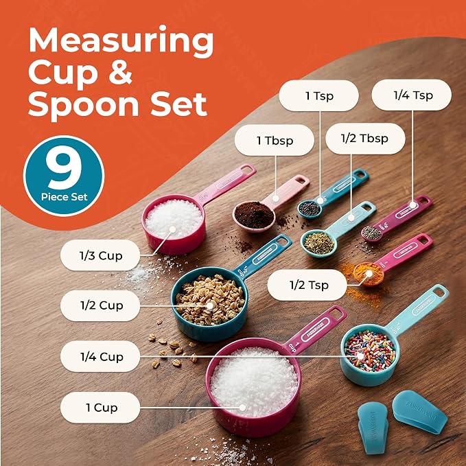 Farberware Kitchen Basics Measuring Cup & Spoon Set, 9-Piece Colorful Nesting Design with Easy-to-Read Markings - Stackable Cooking & Baking Tools with Ring Organizer, Dishwasher Safe Plastic