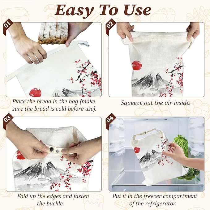Beeswax Bread Bags, 2 Pack for Homemade Bread and Sourdough Storage | Japanese Cherry Blossom Sun Fuji Mount, Reusable Polyester Bread Storage With Beeswax Coating And Snap Closures
