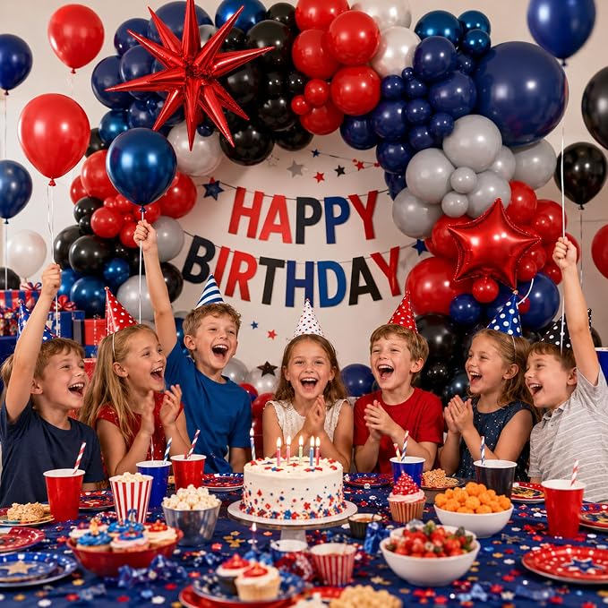 Black Red Blue Balloon Arch Garland Kit, Spider Themed 4th of July Patriotic Balloons Double Stuff Red Navy Blue Black Gray Pearl White Balloon for Kids Boys Baby Shower Birthday Party Decorations