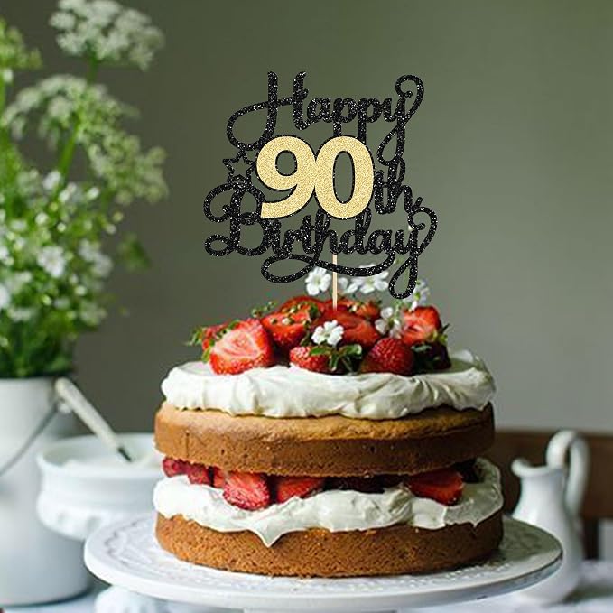 1Pc Happy 90th Birthday Cake Topper Black Gold Glitter Cheers to 90 Years Birthday Cake Pick 90 Fabulous Cake Decoration for Happy 90th Birthday Anniversary Party Cake Decorations Supplies