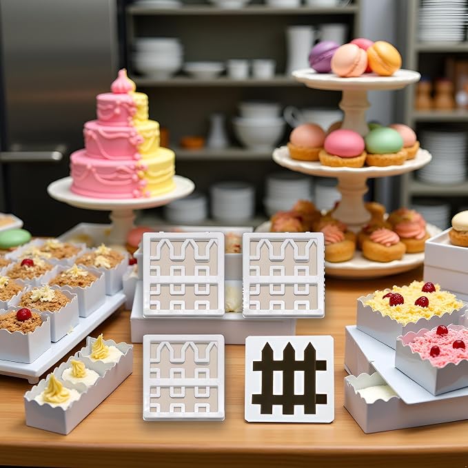 4 Pcs Plastic Fence Fondant Molds Cookie Cutter Mold Fondant Cake Cutting Molds for Baking Room Coffee Shop Cookie DIY Cake Border Decoration Baking Tools and Accessories, Bakeware（White）