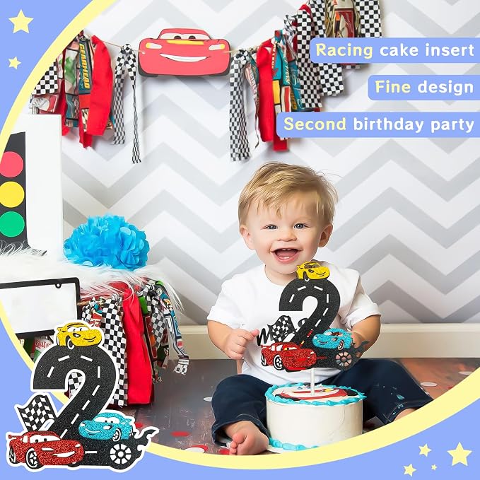 MEMOVAN Race Car 2nd Cake Topper Two Fast Cake Topper Racing Car Birthday Cake Decoration for Racing Car Checkered Flag Themed Girl Boy 2 Years Birthday Party Decoration Double Sided
