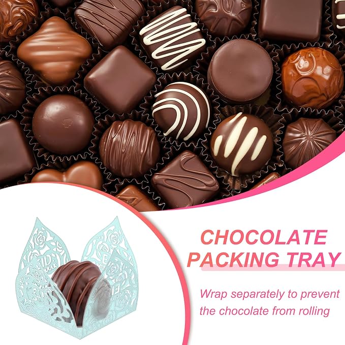 uxcell 25 PCS Truffle Wrappers 0.43x0.43 Inch Square Cupcake Liners Baking Wrappers Hollow Out Paper Dessert Cups for Wedding Birthday Light Blue