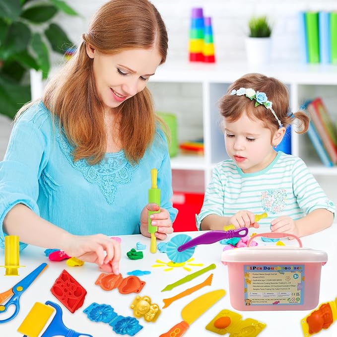 Playdough Tool Set, 31 Pcs Basic Play Dough Tools Kits for Kids, Dough Accessories Includes Pink Storage Container, Mat, 3D Animal, Cutters Roller, Rolling Pins, Safety Scissors